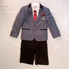 美品  男の子 子供用 スーツ 110cm ネイビー チェック ブラック ストライプ ネクタイ チーフ エンブレム かっこいい 卒園式 入園式