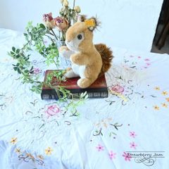 L3705-577 送料込！ 英国ヴィンテージ リネン テーブルクロス ファブリック 花 クロス ラウンド イギリス