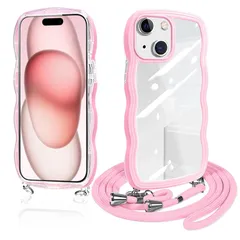 iPhone15 ケース ショルダー クリア いphone15 スマホケース カバー アイフォン15 透明 TPU ストラップ付き 肩掛け 首掛け 紐付き 斜めがけ 創意 個性 可愛い かわいい 韓国 薄型 耐衝撃(ピンク)