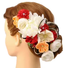 髪飾り 成人式 赤 振袖 前撮り 袴 浴衣 夏祭り 花火大会 豪華3点セット 白 オレンジ リボン 組紐 房付き 和柄 ヘアアクセ かん No.9-4188