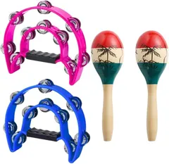 SALUDABLE タンバリン マラカス 楽器 カラオケ パーカッション シェイカー 各2個セット(ピンク＆ブルー)のサムネイル