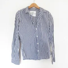 美品 Frank＆Eileen フランクアンドアイリーン BARRY ギンガムチェック 長袖 スキッパー シャツ ブラウス S ホワイト×ネイビー レディース 古着 中古 USED