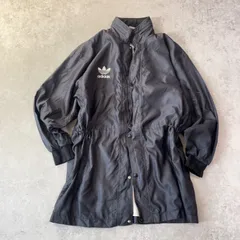 【希少 日本製 80s〜90s】adidas アディダス デサント製 ナイロンジャケット L-O 黒 トレフォイル刺繍ロゴ ビンテージ 古着 メンズ　ヴィンテージ  コート　アウター　ドローコード　古着　フード収納　大きいサイズ　ベンチコート