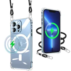 iPhone 13 Pro Max 用 ケース クリア Magsafe対応 マグネット搭載 ショルダー ストラップ付 携帯カバー 耐衝撃 全面保護 アイフォン13 Pro Max 用 スマホケース 紐付き 肩がけ 首掛け 縄掛けケース TPU 薄型 軽量 