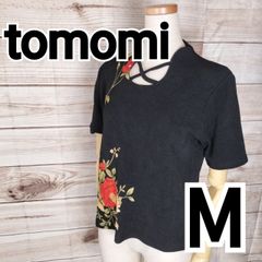 美品　tomomi　トモミ　カットソー　レディース 　和柄プリント　半袖　和柄　花柄　ストレッチ　黒　涼しい　春　ブラック　М　Мサイズ　(5705 bbb250)
