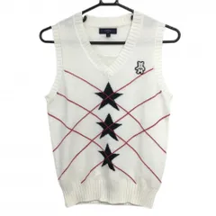 【美品】キャロウェイ ニットベスト 白×レッド×ネイビー 一部星柄×チェック ウール混 Vネック レディース L ゴルフウェア Callaway