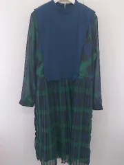 ◇ Diosfront ディオスフロント チェック ドッキング 長袖 ロング ワンピース サイズL ネイビー グリーン レディース  【1204080003565】