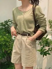 SLOWAND #SLOWMADE プレーン 華奢フィット サマーカーディガン グリーンティー オリーブ ニット