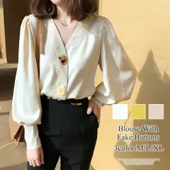 フェイクボタン付きブラウス レディース トップス 長袖 無地 秋服 冬服 10代 20代 30代 韓国ファッション 韓国 大きいサイズ オフィスカジュアル