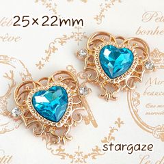 【 2個 】 25×22mm ハートセンターパーツ ストーン ビジュー ペールブルー×ゴールドフレーム