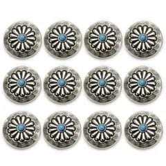 【特価セール】コンチョ ボタン 12個セット ターコイズ 30mm メタルボタン 足つき デージー柄 レザークラフト アクセサリー 手芸 (タイプA)