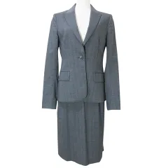 セオリー Theory セットアップ スーツ チェック シングル テーラード ジャケット スカート ひざ丈 タイト ウール 0 S相当 2 M相当 グレー ブルー X