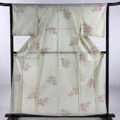 小紋 身丈159cm 裄丈64cm M 薄物 絽 草花 薄緑 正絹 優品 【中古】