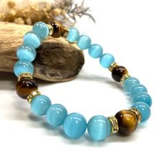 キャッツアイ(ライトブルー)×タイガーアイ パワーストーン ブレスレット  (ゴールド) メンズ・レディース　男性・女性　数珠ブレス 開運 [23]