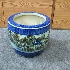 引き取り限定】染付山水図 大型陶器鉢 火鉢 睡蓮鉢 メダカ鉢 直径43
