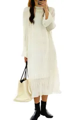 [FairyPomu] ワンピース 長袖 シフォンワンピース プリーツワンピース フリーサイズ 体型カバー 秋 冬 ロング丈 ミモレ丈 レディース エレガント 上品 街歩き [アイボリー] [Free Size]