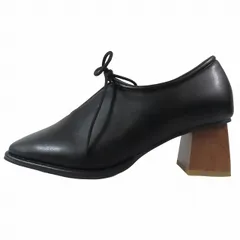 極美品 オリエンタルトラフィック ORIENTAL TRAFFIC ウッドヒール甲深 パンプス リボン シューズ レザー 35 黒 ブラック 41307/4レディース