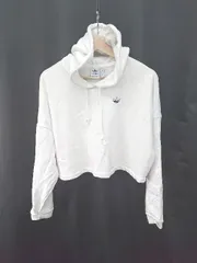 ◇ Θ adidas アディダス ショート丈 ロゴ刺繍 長袖 プルオーバー パーカー サイズM ホワイト レディース E  【1409250035074】