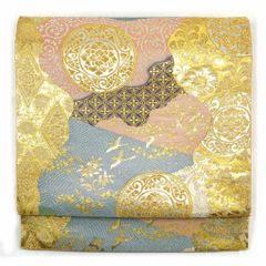袋帯 幅31cm 長さ429cm レディース 正倉院文様 秋冬春用 正絹（シルク）ゴールド 未使用品 リメイク リユース リサイクル【呉服のきくや】