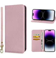 ★iPhone 14 Pro Max ケース 手帳型 超繊皮 RFIDト 財布型 カバー 手帳型 耐衝撃 保護カバー 内蔵マグネット携帯カバー カードポケット スタンド機能 リストバンド NanHou - ピンク