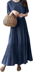 FEISEDY ワンピース レディース 大きいサイズ ゆったり 丸首半袖 無地 着瘦せ ロングワンピース おしゃれ カジュアル エレガント シフォン ドレス A8107(ネイビーブルー,  XL)