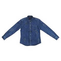 [Meito] Chrome Hearts Denim Shirt with Cross Patch, Size M, Navy, 100% Cotton, Snap Button, Men's Apparel, Men's Clothing