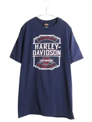 【お得なクーポン配布中!】 ハーレー ダビットソン 両面 プリント Tシャツ メンズ L 古着 オフィシャル バイク イラスト グラフィック ヘビーウェイト キャラクター 紺
