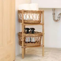 籐 ラタン 2段 ランドリーバスケット かご 昭和レトロ 当時物 インテリア