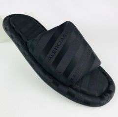 新品同様★BALENCIAGA・バレンシアガ レディース サテン地 アイコンロゴ ストライプ総柄 サンダル ルームサンダル（35）