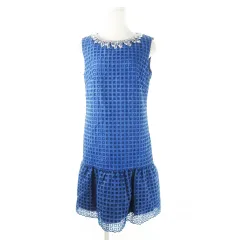 ダイアグラム グレースコンチネンタル Diagram GRACE CONTINENTAL アイレットオーガンOP ワンピース ミニ ノースリーブ カットワーク 刺繍 チェック ビーズ 38 M 青 ブルー /CK25 ■GY43