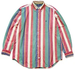 90s ラルフローレン クレイジーストライプ ボタンダウン コットンシャツ L★オールド ロゴ刺繍 ランダム マルチ オーバーサイズ