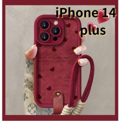 【SHOPS W】iPhone14 plus スマホケース 赤 ラムスキン風 ストラップ付き ハート かわいい E034