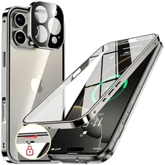 NIANGUO【ロック機能付き・自動ポップアップボタン】 iPhone16 Pro 用 ケース クリア 【両面強化ガラス】 9H硬度 【一体型レンズ保護】 アイフォン16プロ カバー アルミバンパーケース メタルフレーム 耐衝撃 傷防止 高感度タッチ 薄型 1