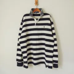 ポロ ラルフローレン ラガーシャツ 白×ネイビーのボーダー柄 襟チェック柄切替 L （w-0832）