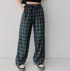 チェック ワイドパンツ レディース ユニセックス ポリエステル 速乾 シワになりにくい イージーケア ルームウェア リラックスパンツ 体型カバー ウエストゴム ゆったり 夏 秋 冬 大きいサイズ おしゃれ きれいめ カジュアル [1134]