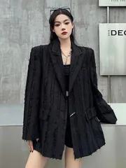 新品テーラードジャケット フリンジ加工 アウター ZARA風 モード 韓国 黒白