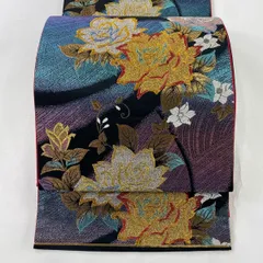袋帯 美品 秀品 薔薇 流水 金糸 ラメ箔 黒 六通 正絹 【中古】