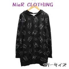 NieR CLOTHING うさ耳 ロング丈 パーカー 総柄 ブラック オフショルダー フリーサイズ ニーアクロージング