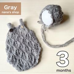 3ヶ月グレー♪お花ボンネット&透かし編みロンパース　ニューボーンフォト　帽子
