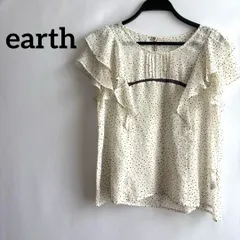 earthアースM白ホワイト半袖ブラウス総柄ドット水玉袖フリルトップス
