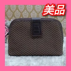 《 LOEWE 》　★美品★　ロエベ　ポーチ　クラッチバッグ　ラフィア織　天然素材　レザー　ヘリンボーン柄　杉綾織　市松模様　アナグラム　ブラウン　バッグ　送料無料・匿名配送・最短即日発送いたします！　504