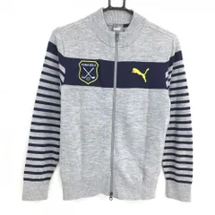 【超美品】プーマ ニットジャケット グレー×ネイビー 袖ボーダー ダブルジップ ウール混 レディース M ゴルフウェア PUMA