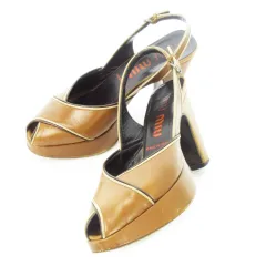 ミュウミュウ miumiu レザーサンダル ハイヒール チャンキーヒール ストラップ 山羊革 本革 パイピング 35 22.0cm 茶 ブラウン /CK3 ■GY18