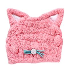 【大人気】shttown 子供 タオルキャップ 被るだけ 簡単ドライ 速乾 可愛い ネコ ドライキャップ お風呂 プール キッズ (ピンク)