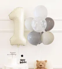 【 くすみ カラー 32inch ナンバーバルーン ＆ 風船 ７個 セット】 お誕生日 飾り付け   記念日　Happy Birthday パーティー のための誕生日バルーン 誕生日装飾 風船セット HarunHarun  記念日　大人飾り 数字　1歳