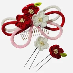 【＊おすすめ＊】ME-A3-4 新品　3点セット　753 七五三 成人式 振袖 髪飾り 花 振袖用 つまみ細工  リボン  コサージュ  和装 アクセサリー  赤　白　ピンク  / 前撮り 浴衣 袴 入学式 卒業式 結婚式 ブライダル 披露宴 和風 洋風