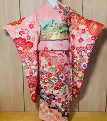 振袖セット　低身長向け　正絹　美品　ピンク花車模様刺繍