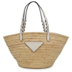 PRADA ストロー×レザー カゴバッグ トートバッグ 三角ロゴ　ゴールド金具 PRADA ストロー×レザー カゴバッグ トートバッグ 三角ロゴ