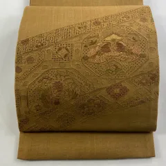 【美品】 袋帯 秀品 紬地 向かい鳥 花鳥 刺繍 茶色 お太鼓柄 正絹 【中古】