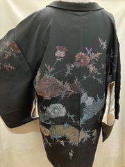 «花ラブリ»HOR945BK　黒羽織　リユース　リサイクル　黒　ブラック　花　植物　あざみ　菊？　和装　和柄　和風　和服